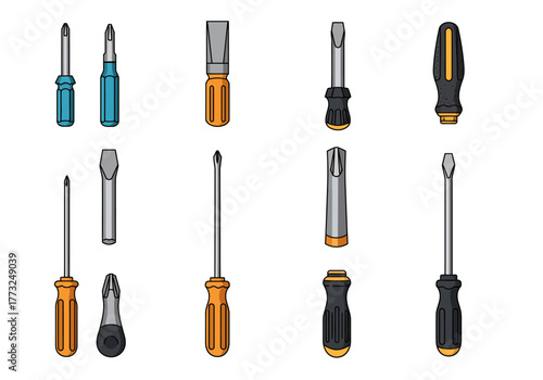 Set of Hand Tools Screwdrivers with Various Head Types