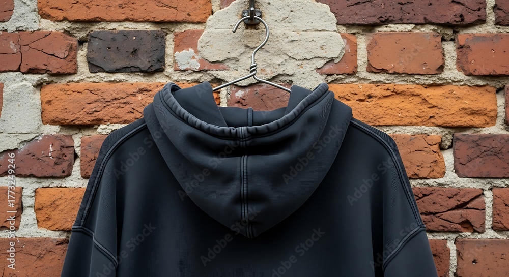 Naklejka premium A dark charcoal hoodie hanging from a simple iron hook on a weathered brick wall, overcast daylight, grunge aesthetic