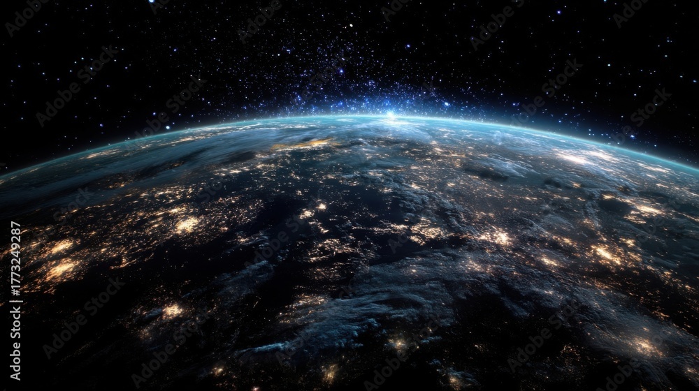 Obraz premium High resolution satellite view of Earth at night showing city lights across continents with stars in the dark cosmos.