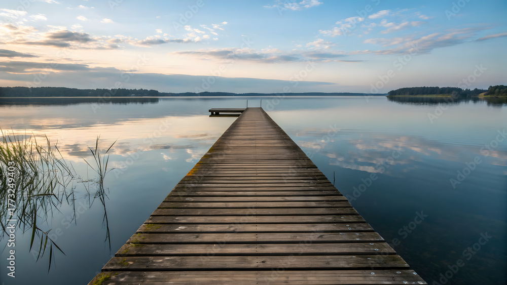 Fototapeta premium A wooden pier stretches out into the calm lake under a serene sky at sunrise, reflecting the soft light and clouds on the waters surface