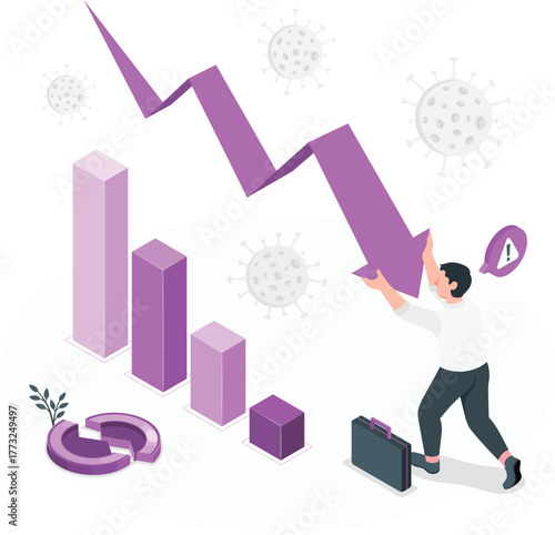 Man reacts to falling graph and coronavirus icons business finance