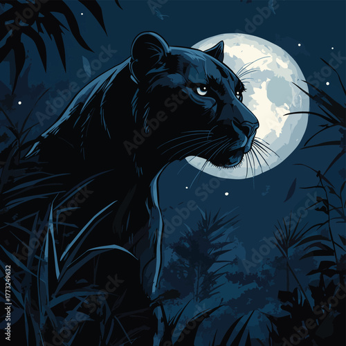 Black panther moonlit night forest wildlife fantasy art   , vector style simple color