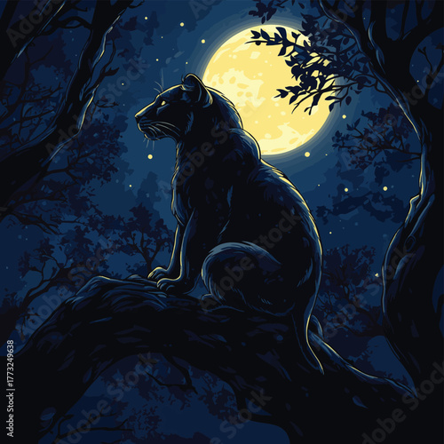 Black panther moonlit night forest wildlife fantasy art   , vector style simple color