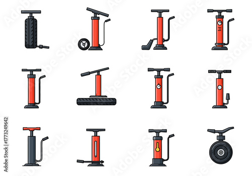 Set of Vector Illustrations Depicting Various Bicycle Tire Pumps for Equipment Maintenance and Transportation
