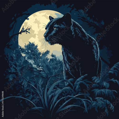 Black panther moonlit night forest wildlife fantasy art   , vector style simple color