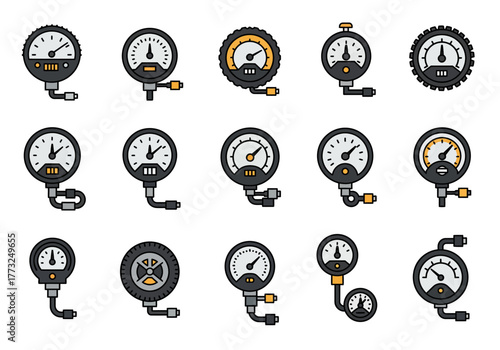 Collection of Pressure Gauges in Vector Style for Mechanical Measurement