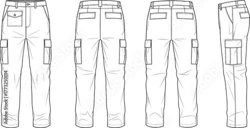 Men’s cargo pants technical flat sketch, utility trousers vector template, multi-pocket workwear pants CAD fashion design illustration