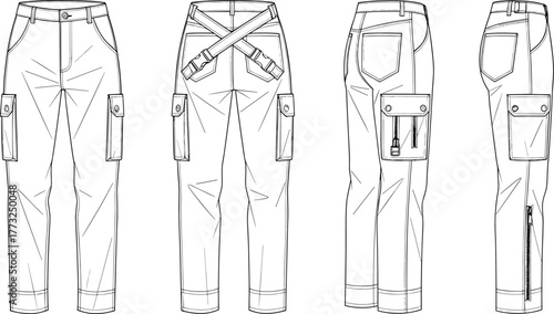 Men’s cargo pants flat sketch, utility trousers fashion template, detailed apparel technical drawing with pockets and straps, CAD drawing flat vector illustration