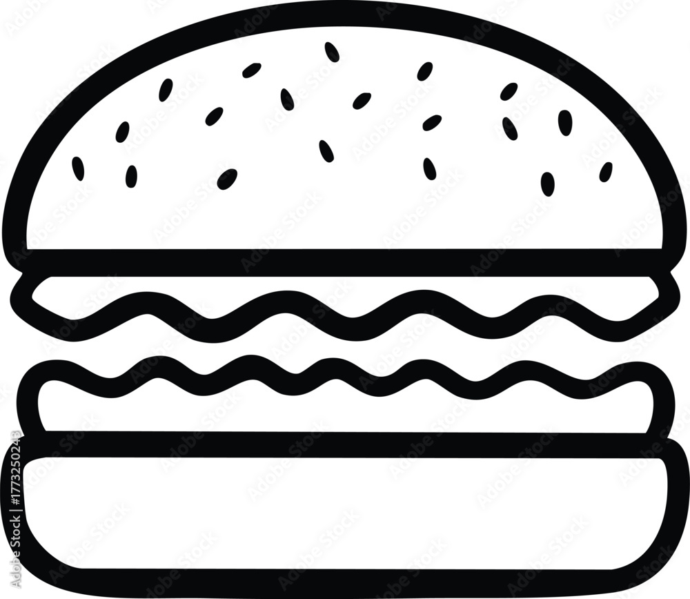 Simple Line Drawing Icon of a Delicious Burger with Toasted Bun and Layers