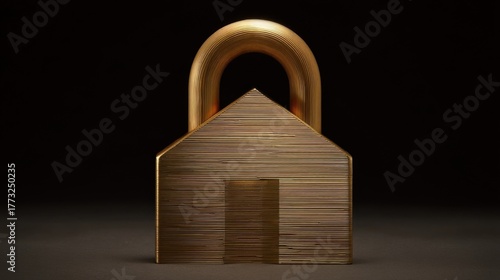 A golden house lock with a rectangular body and door-like design features a large circular handle,