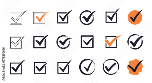 A collection of various checkmark icons in different styles, including outlines, solid fills, squares, and circles, suitable for user interface and task completion designs.