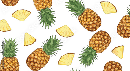 Seamless pattern with hand-drawn whole pineapples and fresh cut slices on a clean white background, perfect for tropical designs and summer themes.