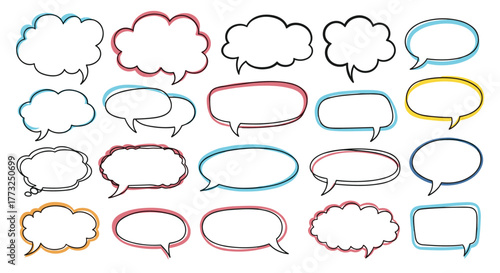 A collection of hand-drawn speech and thought bubbles with colorful, sketchy outlines, ideal for communication and conversation designs.