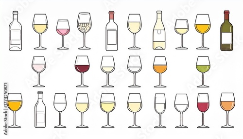 Set of Wine Bottles and Glasses with Different Types of Wine