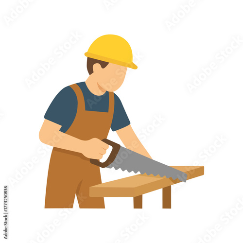 A cartoon carpenter wearing a hardhat sawing a wooden plank using a handsaw.