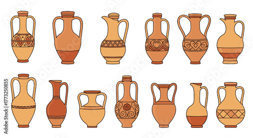 A collection of ancient ceramic pottery, including various jugs, amphorae, and vases with traditional decorative patterns, suitable for historical and cultural themes.