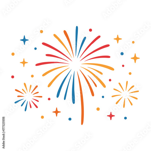 Colorful cartoon fireworks exploding with sparks and stars on a white background.