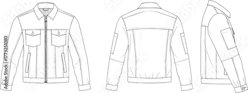 Men’s denim-style jacket flat sketch, technical fashion drawing with zipper front, chest pockets, and long sleeves front and back view