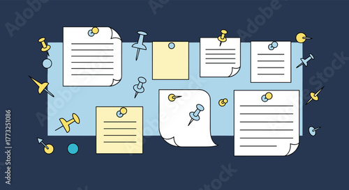 A clean illustration of a bulletin board filled with white and yellow notes, fastened by colorful pushpins and thumbtacks on a light blue surface, perfect for reminders and ideas.