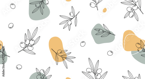 Minimalist seamless pattern with line art olive branches, olives, and leaves, accented by abstract organic shapes in muted green and terracotta on a clean white background.