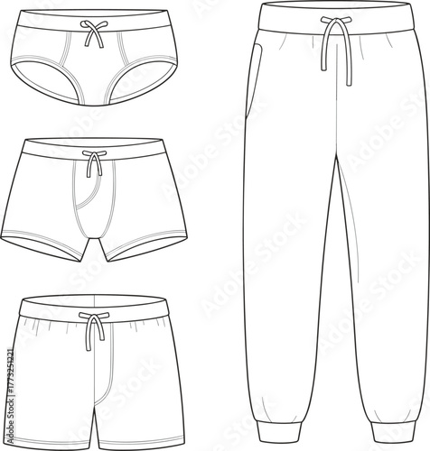 Men’s jogger pants and underwear CAD, technical flat vector, boxer briefs, lounge shorts, fashion template, activewear clothing sketch