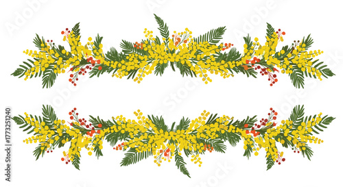 Two horizontal floral borders featuring bright yellow mimosa flowers, lush green foliage, and vibrant red berries, artfully arranged on a clean white background.