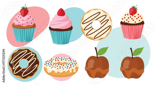 An assortment of sugary delights featuring strawberry cupcakes, glazed donuts, and delectable caramel apples arranged on a vibrant background.
