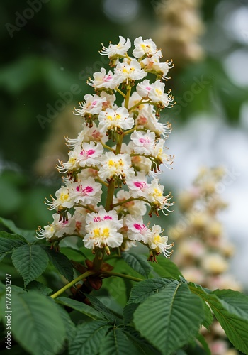 Close-up of a blooming horse chestnut tree flower cluster with green leaves.
