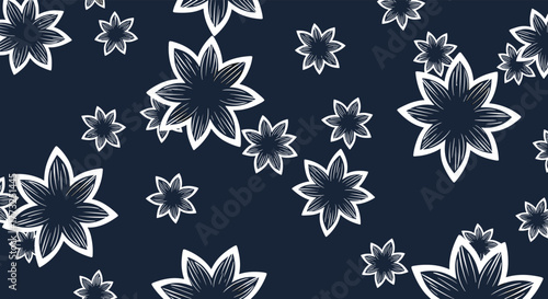 Elegant scattered white line-art floral patterns of various sizes adorn a deep blue background, creating a serene and decorative textile design.