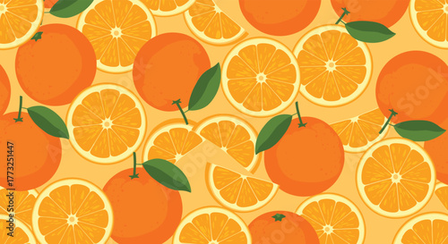 A vibrant and refreshing seamless pattern featuring whole oranges with green leaves and numerous juicy orange slices, perfect for a cheerful and healthy design background.