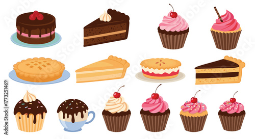 A vibrant collection of delicious baked goods and sweet desserts, including various cakes, pies, and cupcakes, perfect for celebrations and sweet treats.