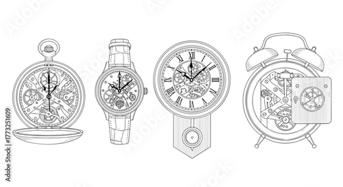 Illustration of various timepieces