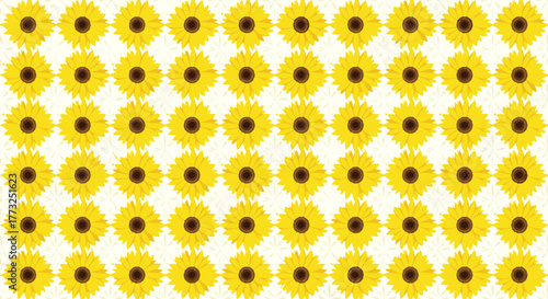 A vibrant and cheerful seamless pattern featuring stylized yellow sunflowers with dark brown centers, arranged in a repeating grid over a subtle light floral background.