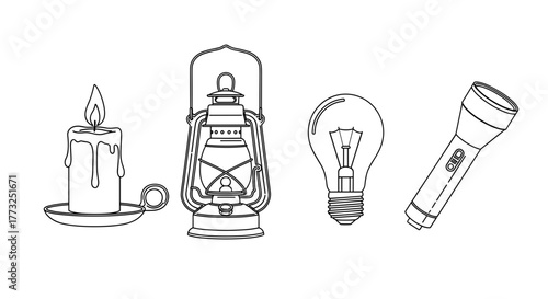 Illustration of candle, lantern, light bulb, and flashlight