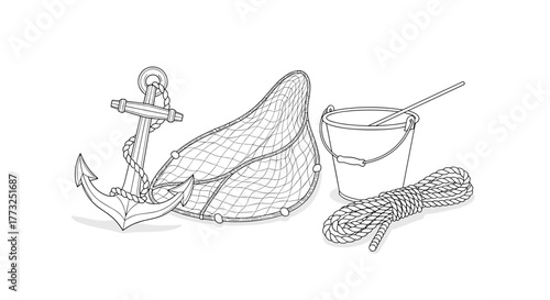 Illustration of anchor, net, bucket, and rope
