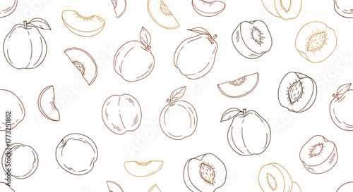 Seamless pattern of hand-drawn outline illustrations featuring various forms of peaches and nectarines, including whole fruits, halves, and slices, in earthy brown tones on a white background.