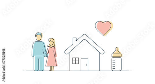 Family with house, heart, and baby bottle
