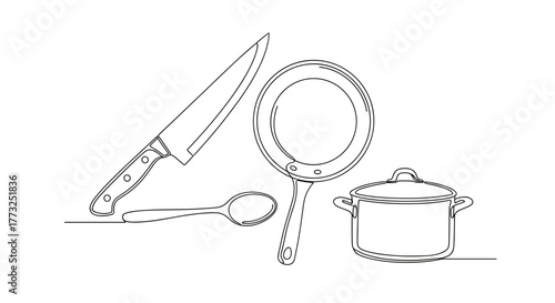 Kitchen utensils in a continuous line art