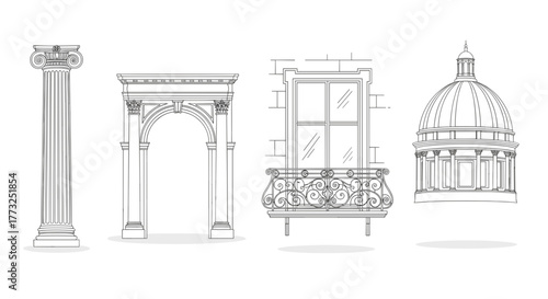 Collection of four assorted architectural designs line art