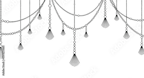 Elegant monochrome illustration of decorative hanging chains with circular links and stylish tassel-like ornaments, forming an ornate upper border design.