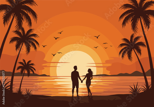Tropical Sunset Romance Couple Silhouette