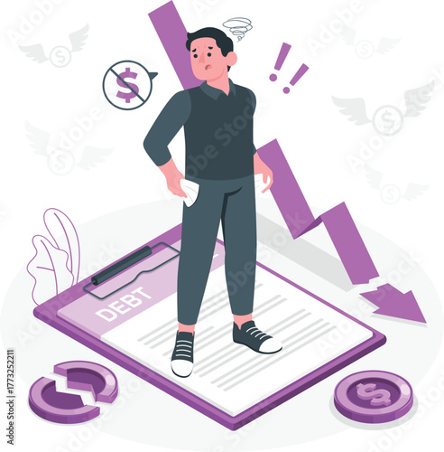 Man with empty pockets standing on a debt document with falling money finance financial