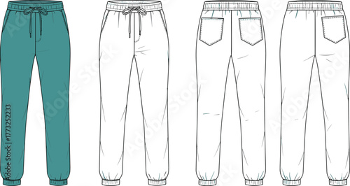 Men’s jogger sweatpants, cuffed bottom trousers, drawstring waistband, vector clothing template, fashion flat sketch, comfy apparel design, editable garment mockup