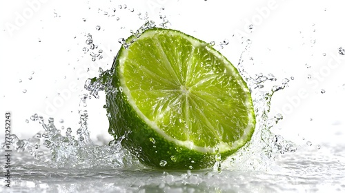Fresh citrus fruit half splashes through clear liquid against a bright background