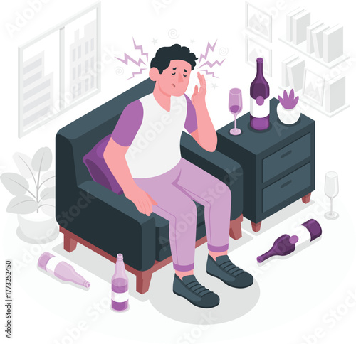 Man with headache sitting on sofa surrounded by empty bottles hangover