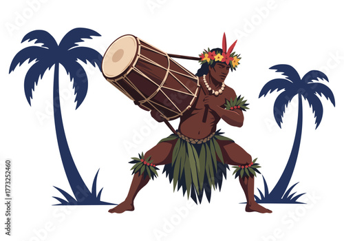 Traditional Polynesian Drummer Dancing Between Palm Trees Vector Art
