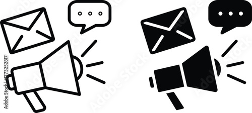 Digital Marketing Communication Icon – Megaphone, Message, and Email Symbol or Vector Silhouette..eps