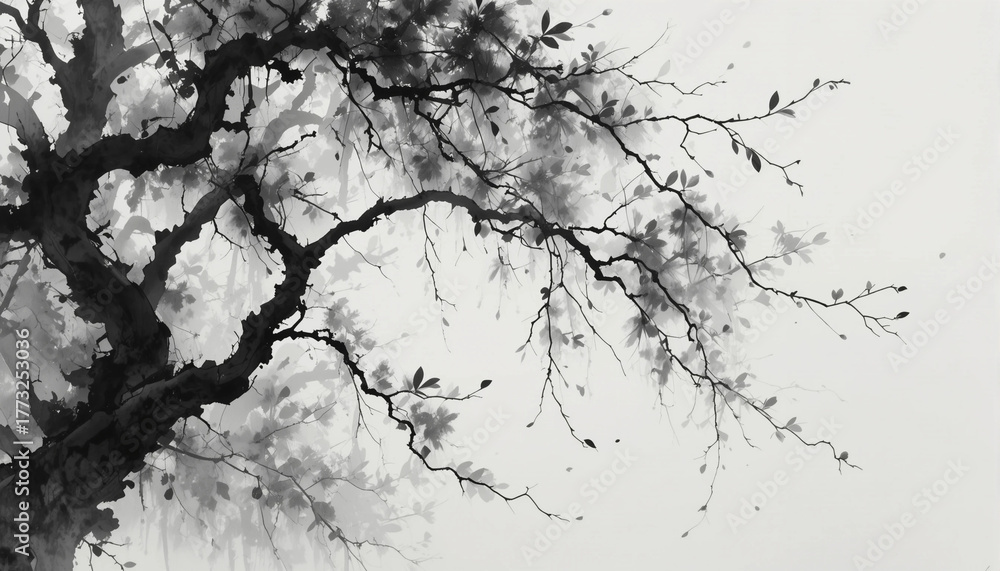 Fototapeta premium Black Ink Wash Painting of an Old Tree