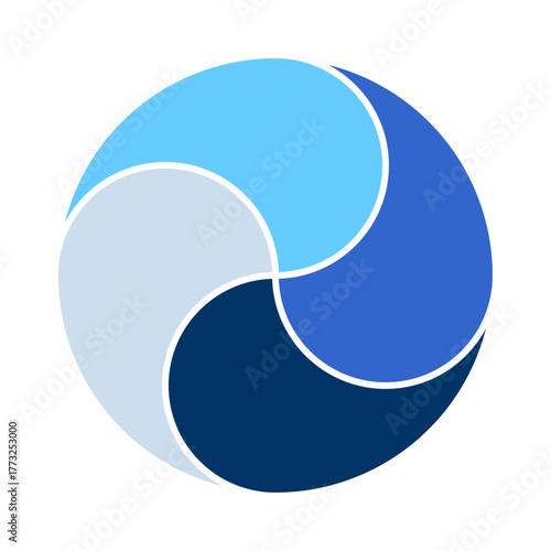 4分割の循環サイクル図テンプレート　4ステップのブルートーン円形グラフ　ベクターイラスト