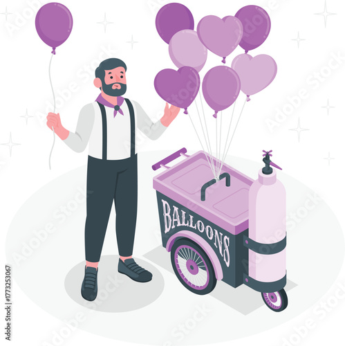 Man with purple balloons and cart balloon seller